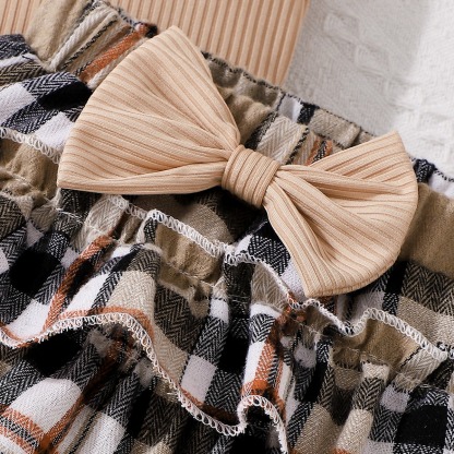 3pcs Baby Girl Halter Neck Tee & Plaid Skirt With Bow Headband