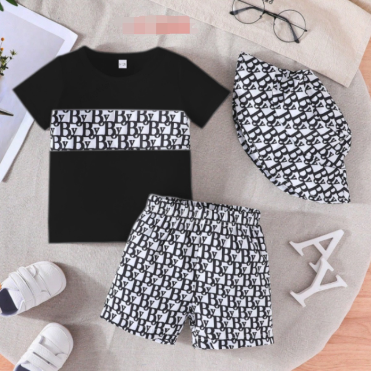 3pcs Baby Boy Vacation Print Short Sleeve Top & Shorts & Hat