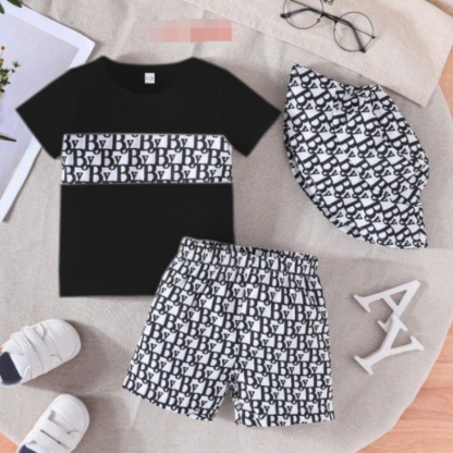 3pcs Baby Boy Vacation Print Short Sleeve Top & Shorts & Hat