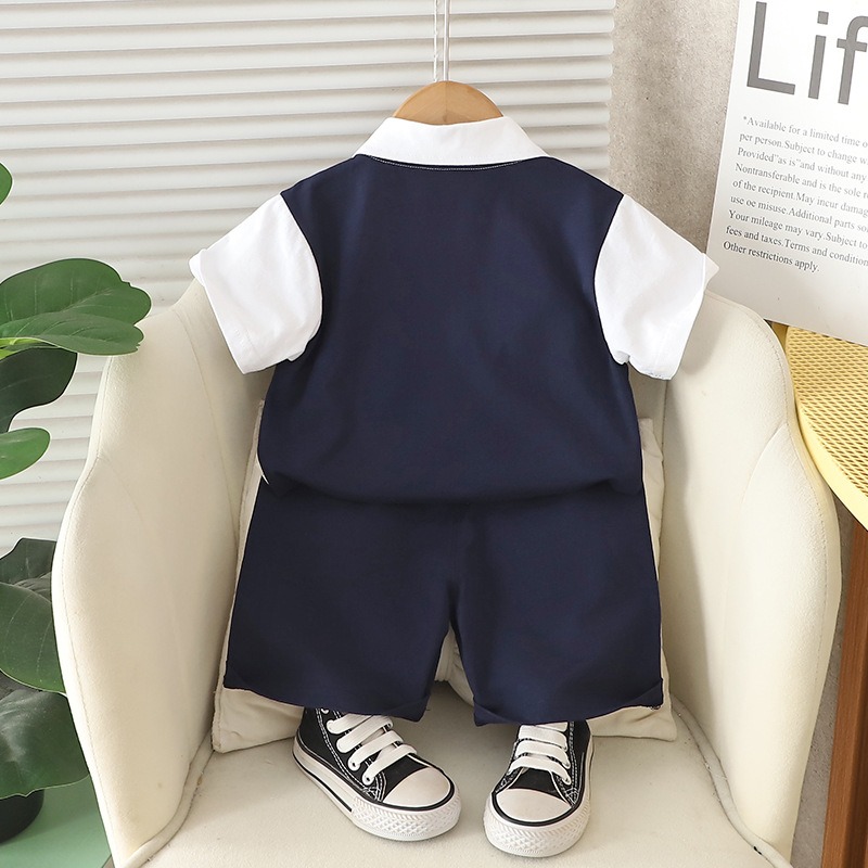 2pcs Toddler Boys Preppy Style Short Sleeve & Shorts