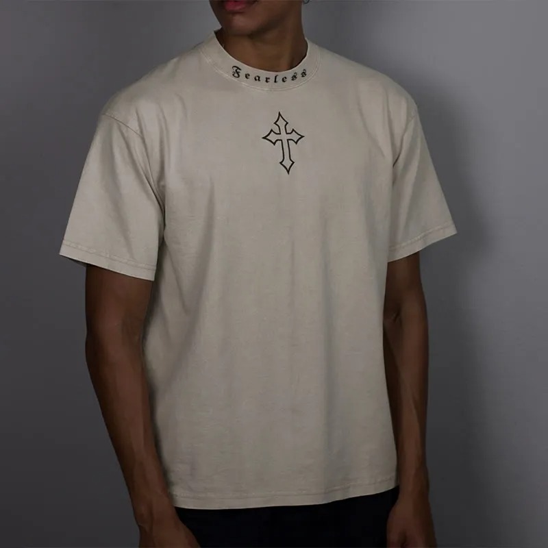 Unisex Fearless Cross Print Acid Washed T-Shirt