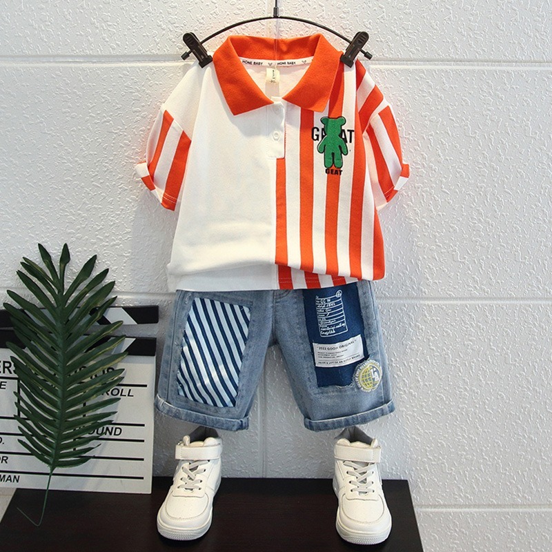 2pcs Toddler Boys Asymmetric Polo Shirt & Denim Shorts
