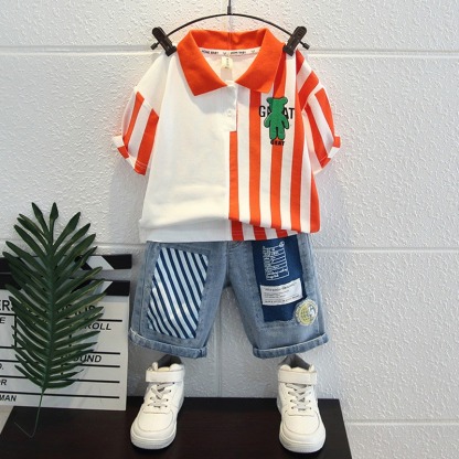 2pcs Toddler Boys Asymmetric Polo Shirt & Denim Shorts