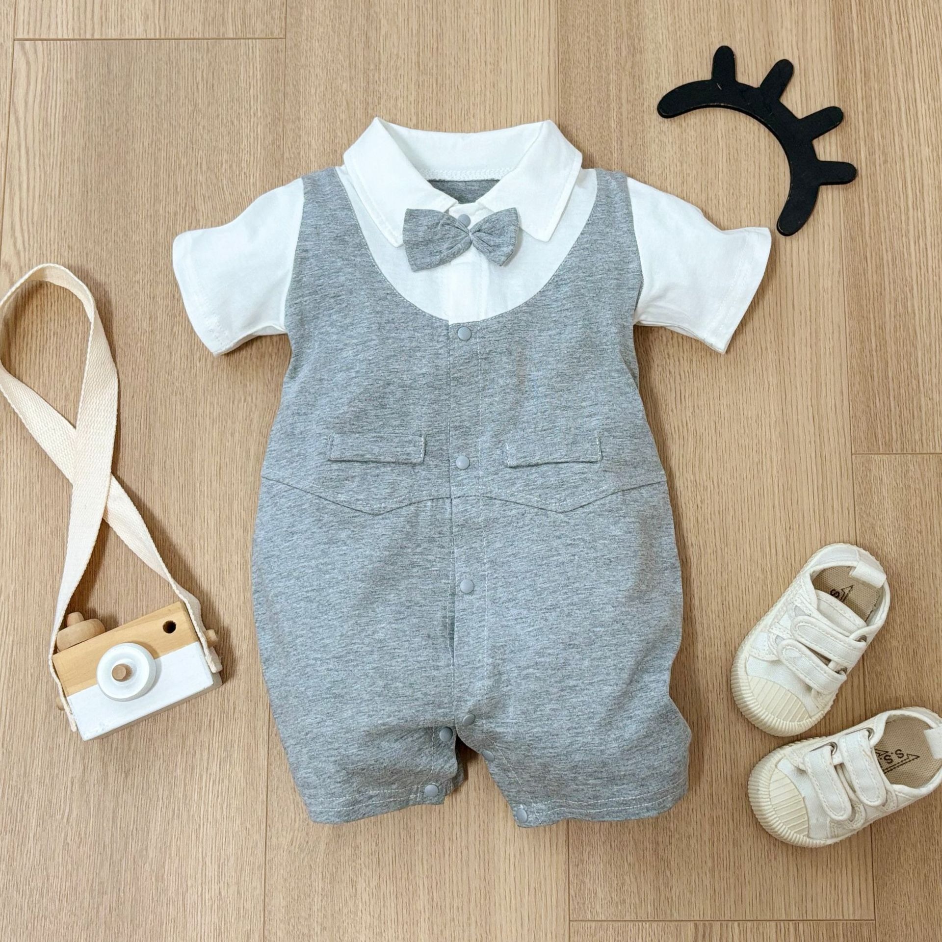 Baby Boy Gray Mock Two-Piece Gentleman Jumpsuits