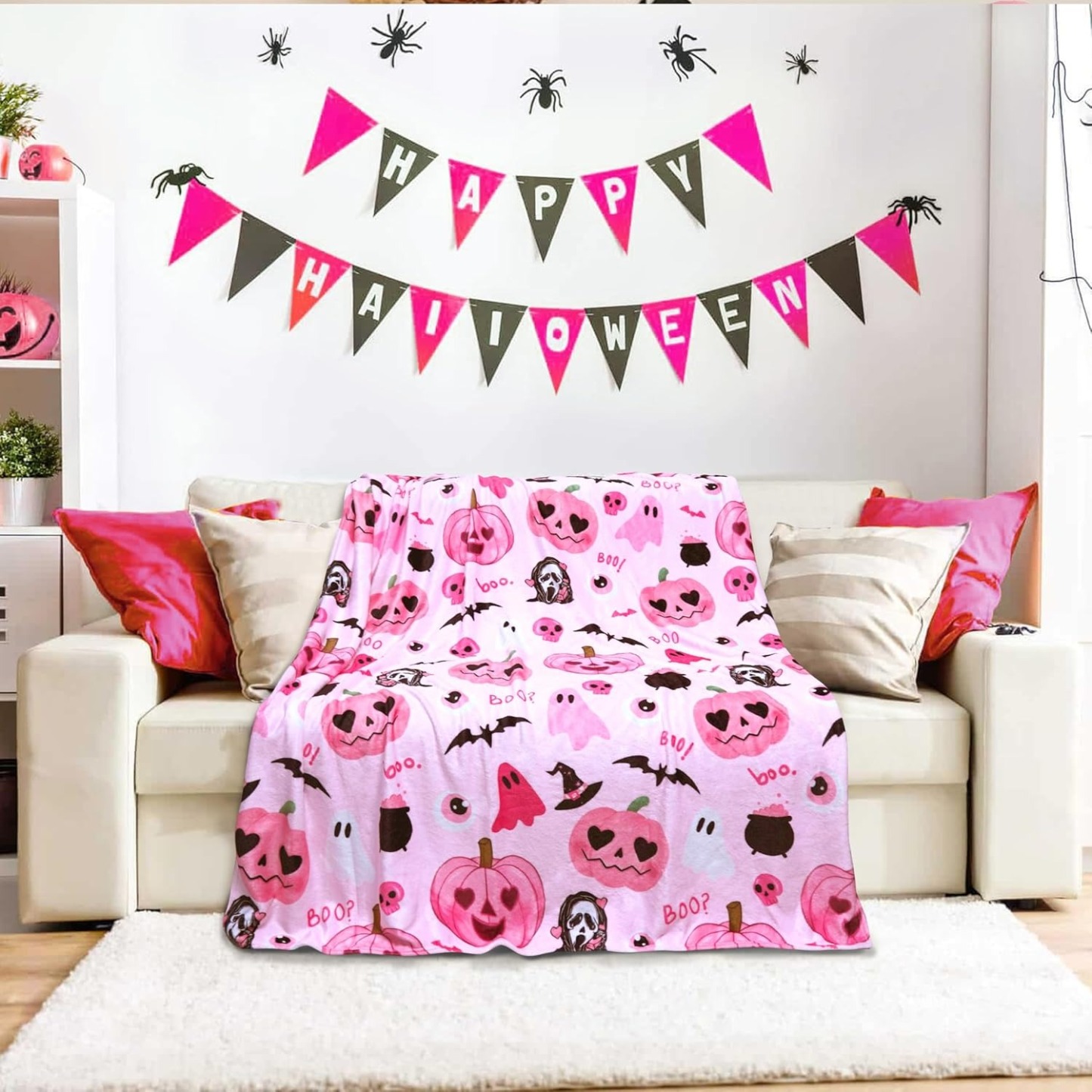 Pink Pumpkin Skull  Halloween Blanket
