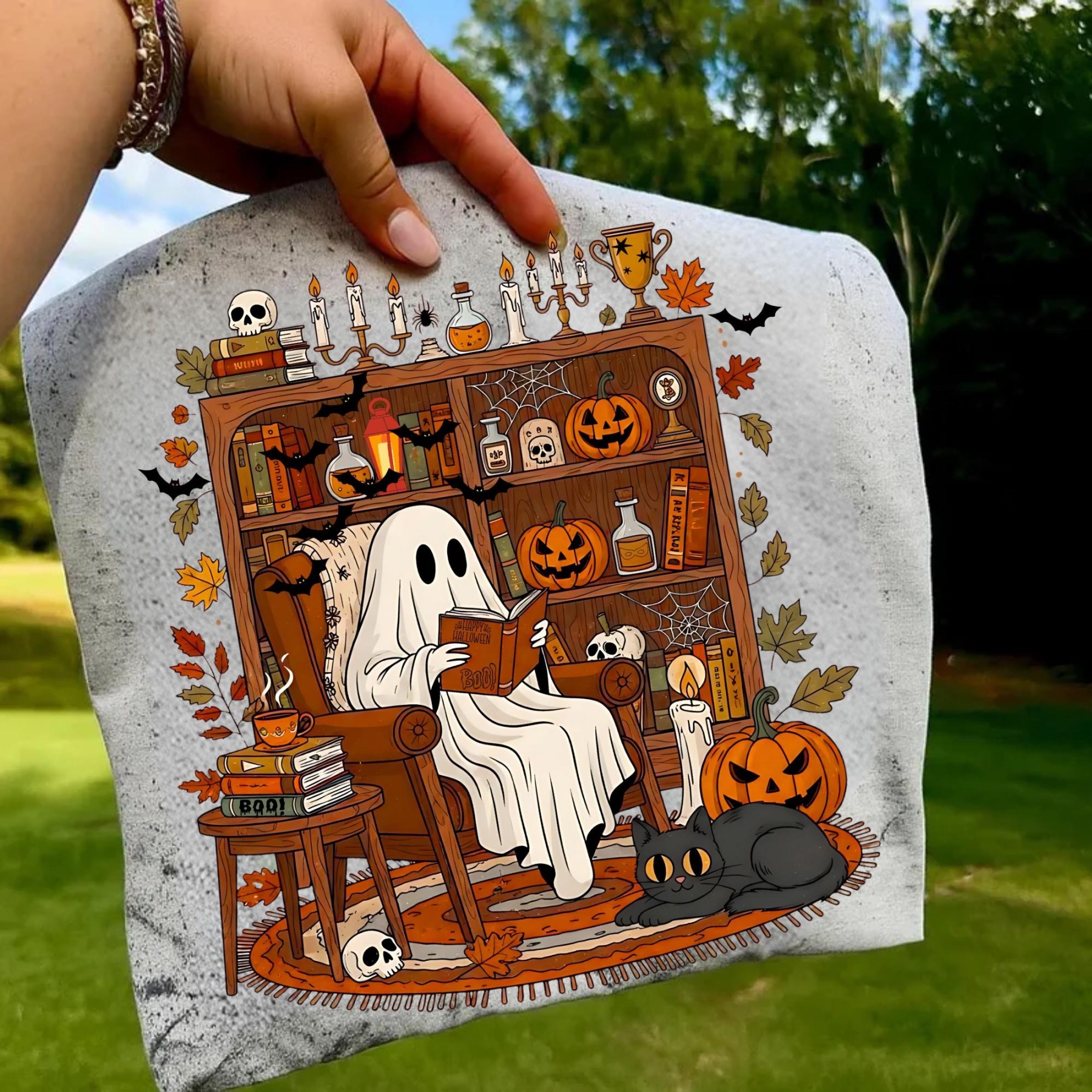 Retro Cozy Ghost Reading Halloween T-Shirt