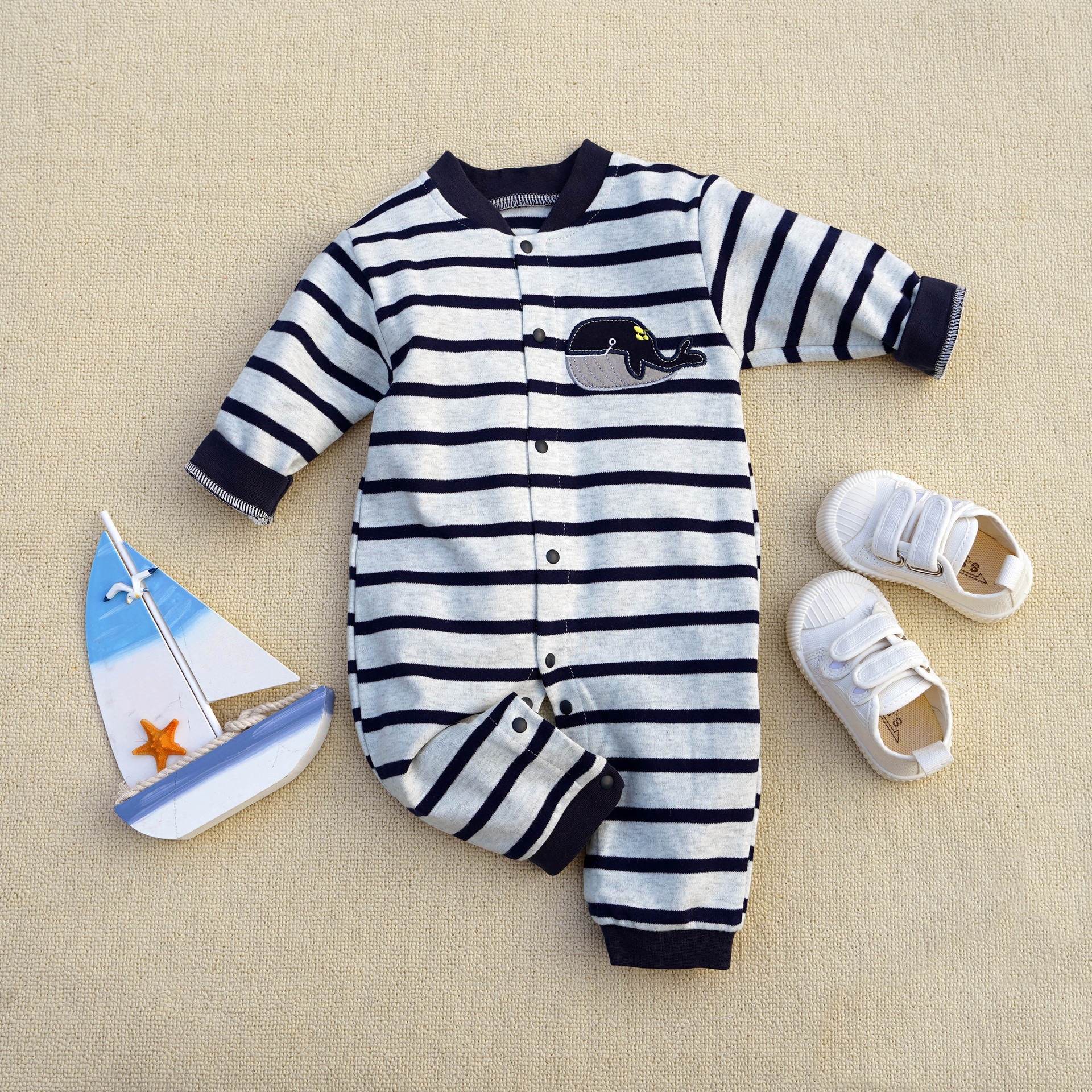 Baby Boy Black & White Striped Whale Long-Sleeve Jumpsuits