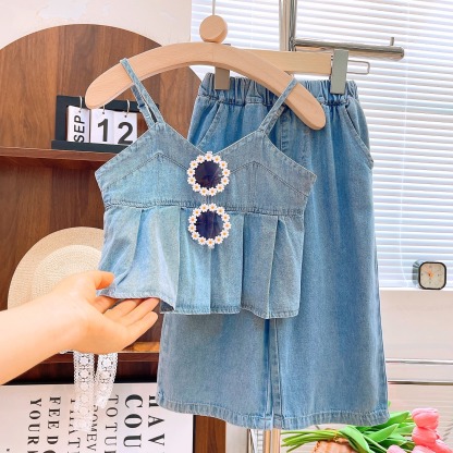 2pcs Toddler Girls Denim Halter Top & Wide-Leg Pants