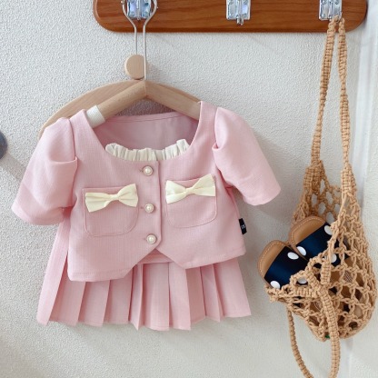 2pcs Toddler Girls Chanel-Style Bow Short Sleeve & Pleated Skirt