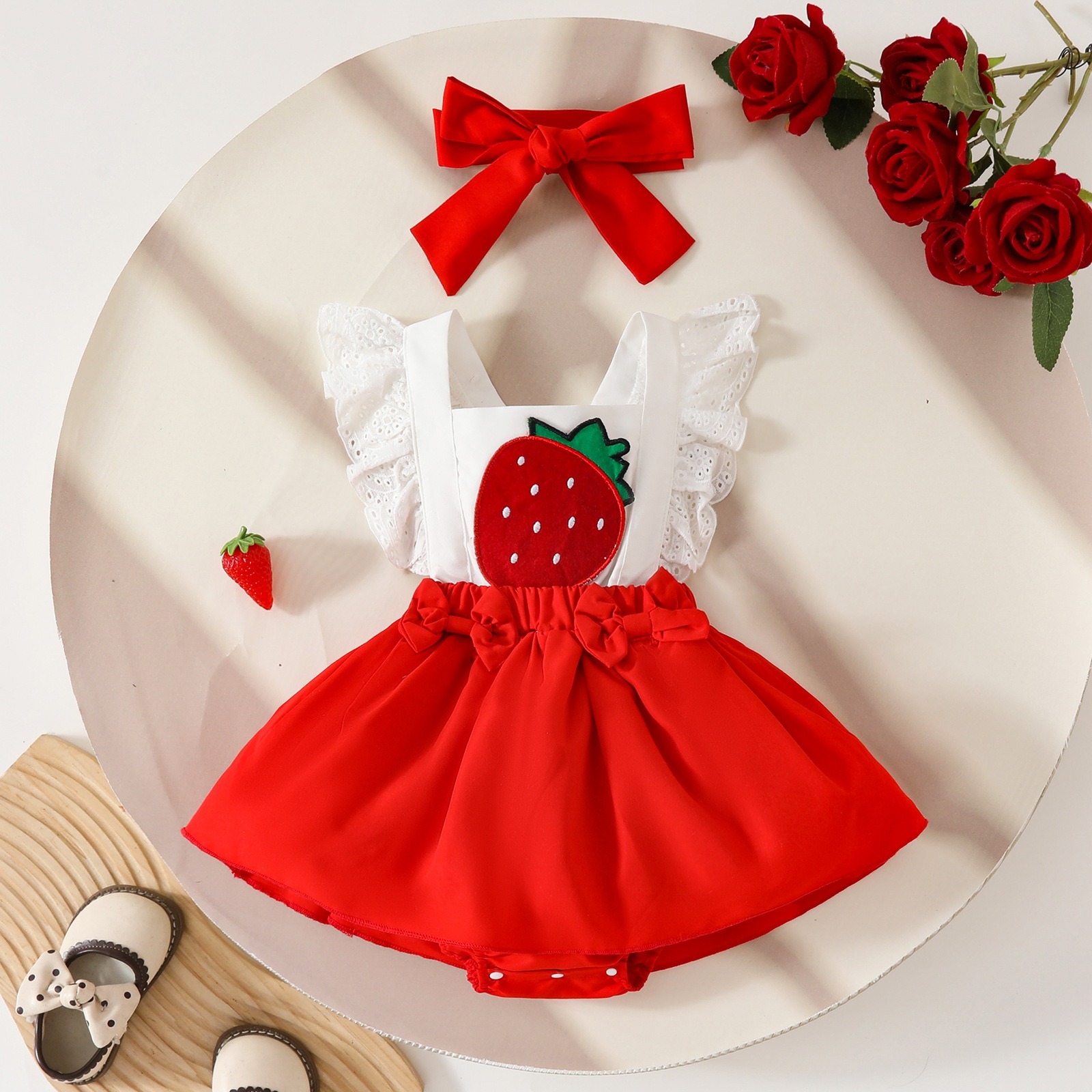 2pcs Baby Girl Strawberry Embroidered Ruffle Trim Spliced Onesie With 
