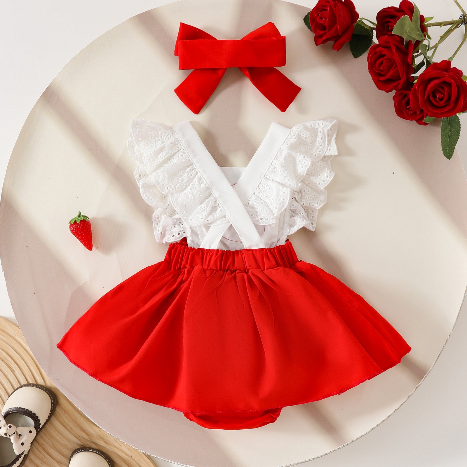 2pcs Baby Girl Strawberry Embroidered Ruffle Trim Spliced Onesies With Headband