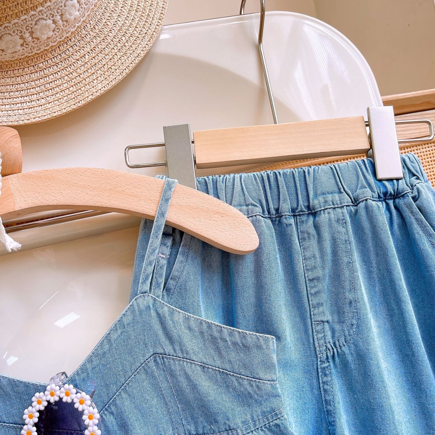 2pcs Toddler Girls Denim Halter Top & Wide-Leg Pants