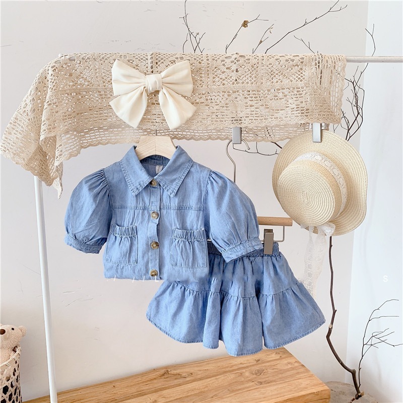 2pcs Toddler Girls Denim Puff Sleeve Top & Skirt