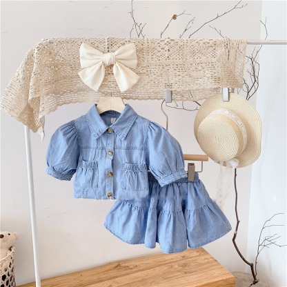 2pcs Toddler Girls Denim Puff Sleeve Top & Skirt