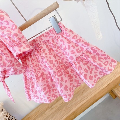 2pcs Toddler Girls Pink Leopard Print High-Waist Top & Skirt