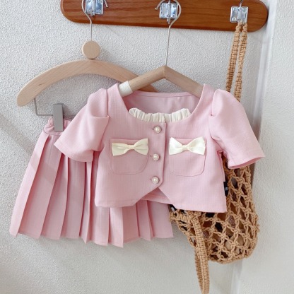 2pcs Toddler Girls Chanel-Style Bow Short Sleeve & Pleated Skirt