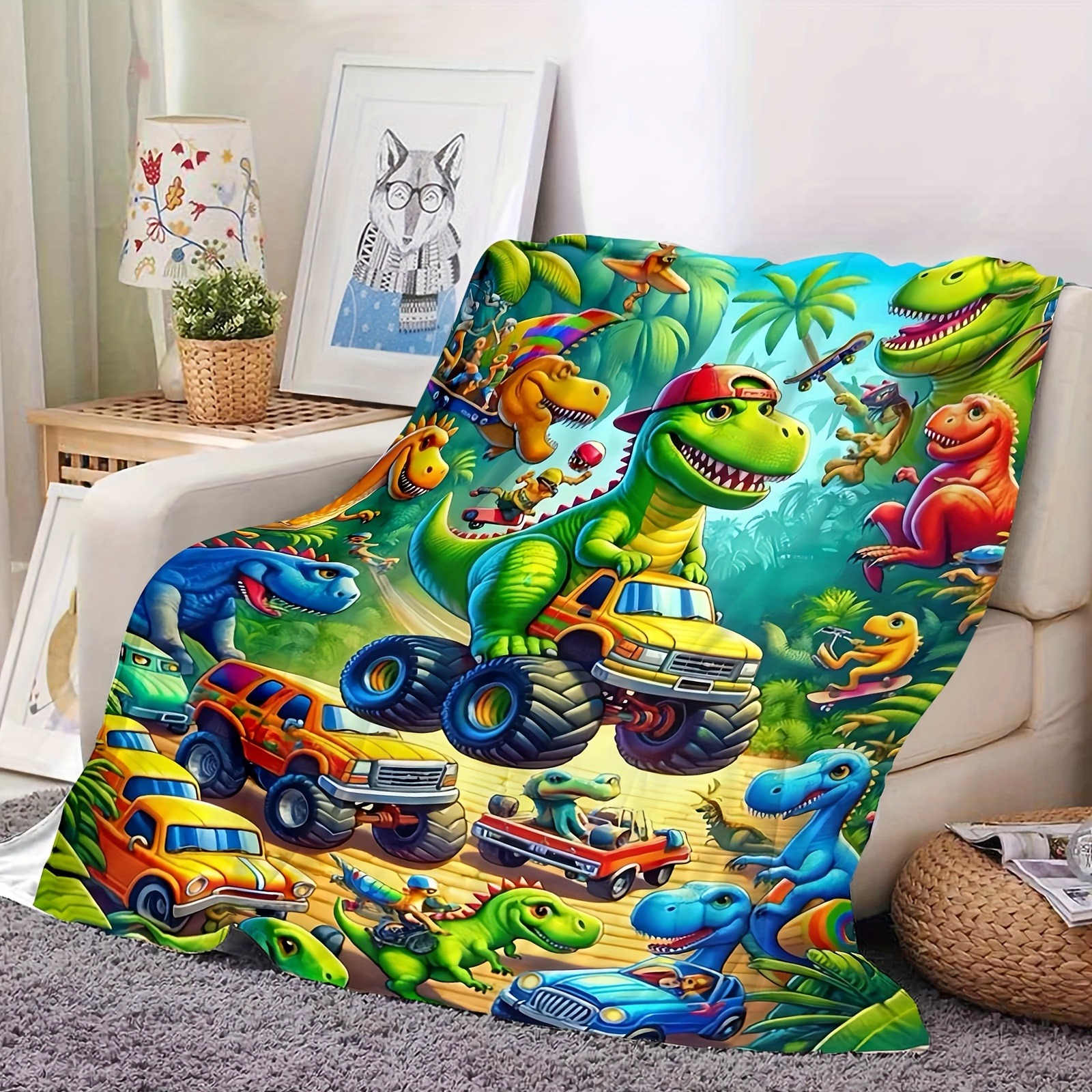 Dinosaur Truck Flannel Blanket