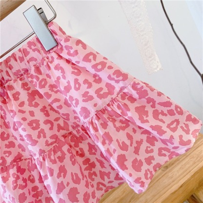 2pcs Toddler Girls Pink Leopard Print High-Waist Top & Skirt