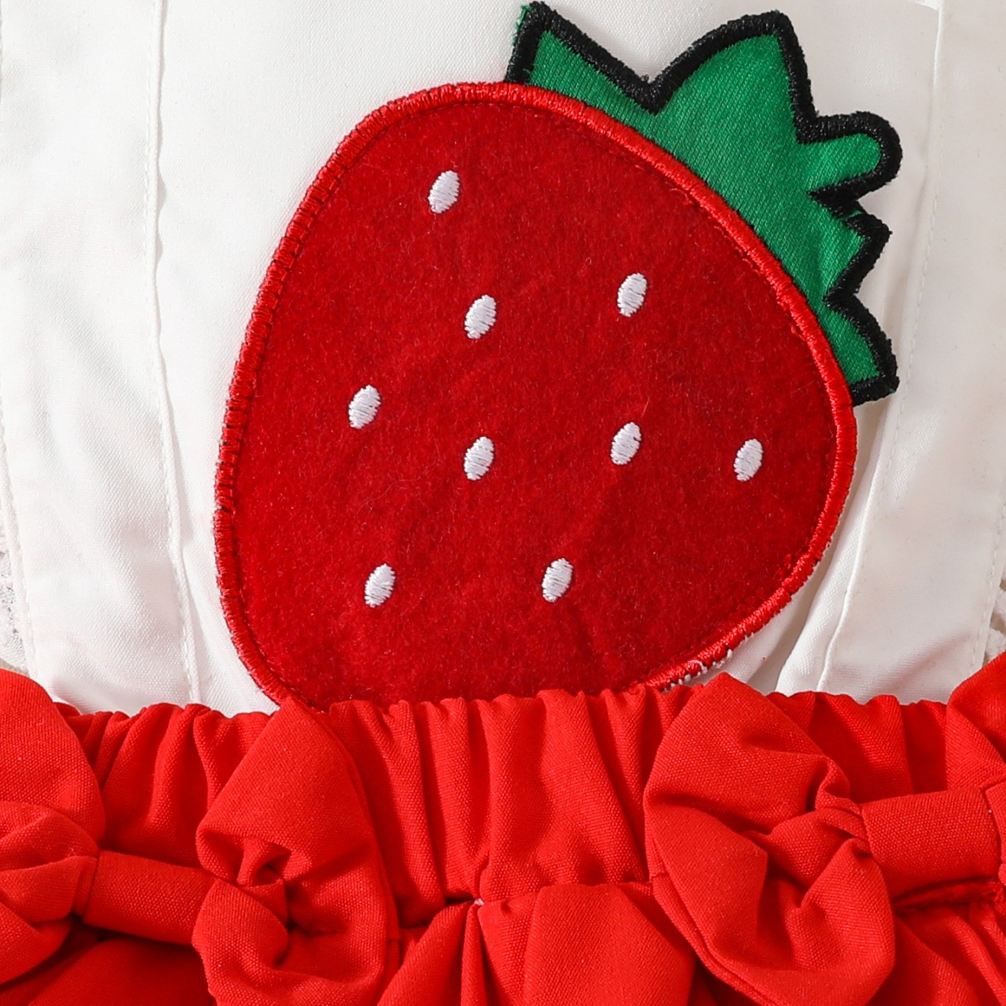 2pcs Baby Girl Strawberry Embroidered Ruffle Trim Spliced Onesies With Headband