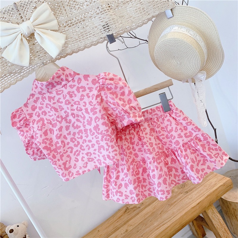 2pcs Toddler Girls Pink Leopard Print High-Waist Top & Skirt