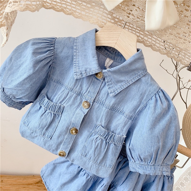 2pcs Toddler Girls Denim Puff Sleeve Top & Skirt