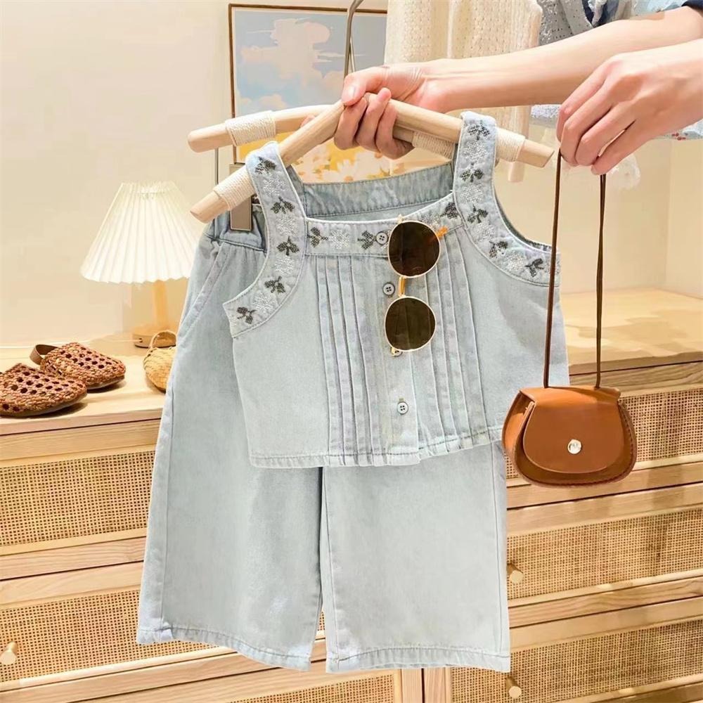 2pcs Toddler Girls Sleeveless Denim Vest & Wide-Leg Pants
