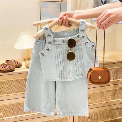 2pcs Toddler Girls Sleeveless Denim Vest & Wide-Leg Pants