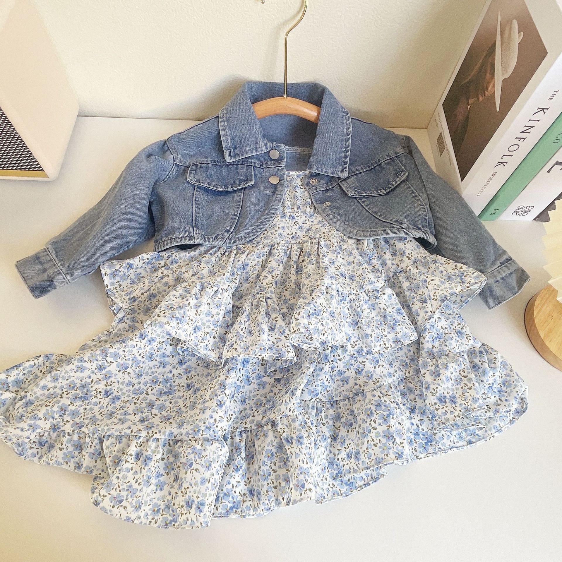 2pcs Toddler Girls Denim Jacket & Chiffon Slip Dress