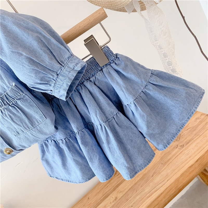 2pcs Toddler Girls Denim Puff Sleeve Top & Skirt