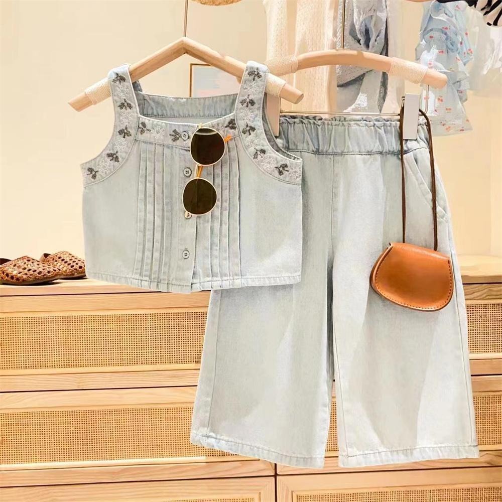 2pcs Toddler Girls Sleeveless Denim Vest & Wide-Leg Pants