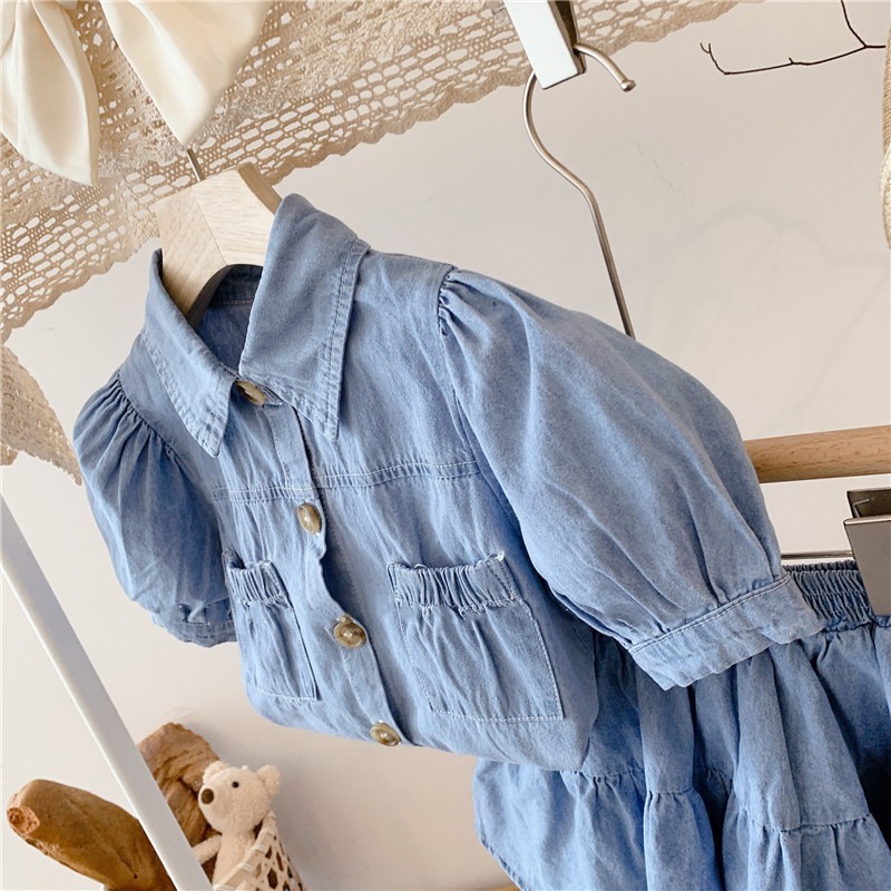 2pcs Toddler Girls Denim Puff Sleeve Top & Skirt