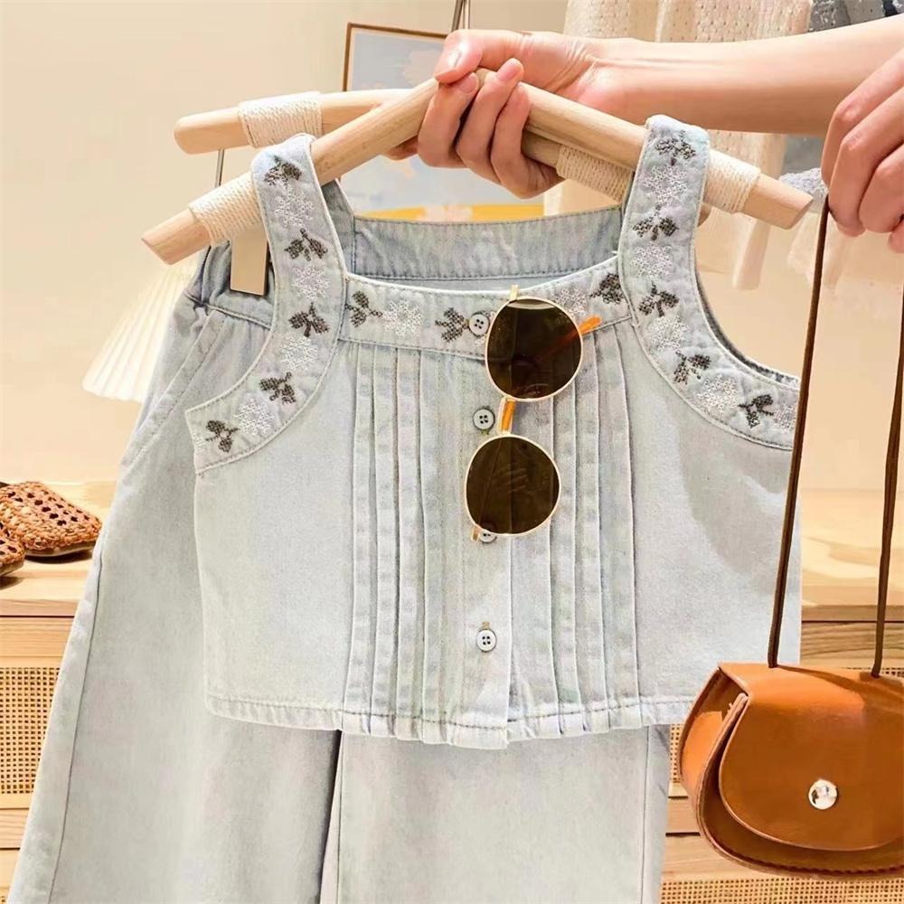 2pcs Toddler Girls Sleeveless Denim Vest & Wide-Leg Pants