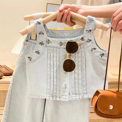 2pcs Toddler Girls Sleeveless Denim Vest & Wide-Leg Pants