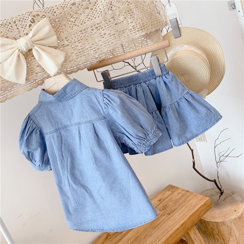 2pcs Toddler Girls Denim Puff Sleeve Top & Skirt