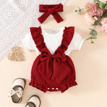 2pcs Baby Girl Heart Jacquard Short-Sleeve Onesies with Bloom Sleeves & Headband