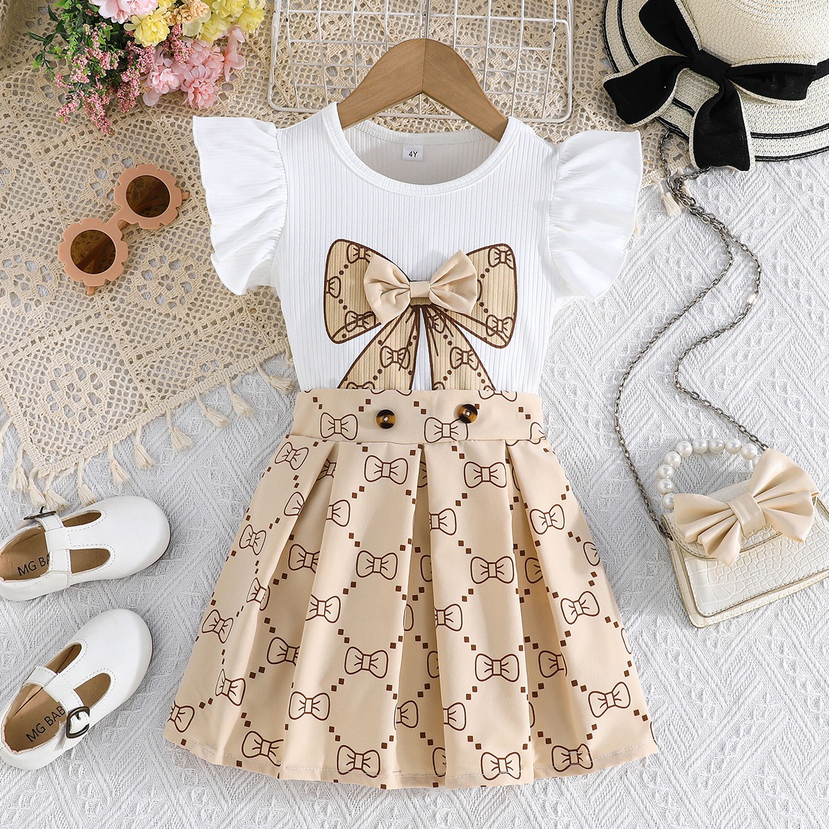 2pcs Toddler Girls Ruffle Sleeve Bow Blouse With Pleated Skirt