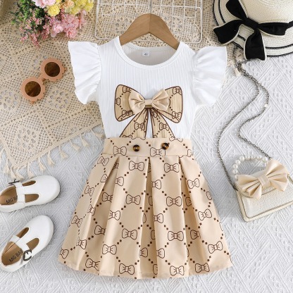2pcs Toddler Girls Ruffle Sleeve Bow Blouse With Pleated Skirt