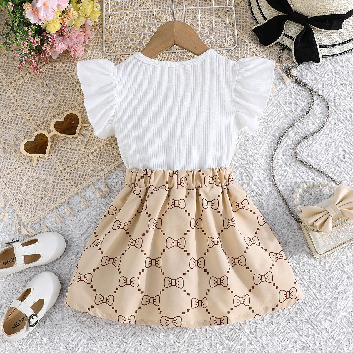 2pcs Toddler Girls Ruffle Sleeve Bow Blouse With Pleated Skirt