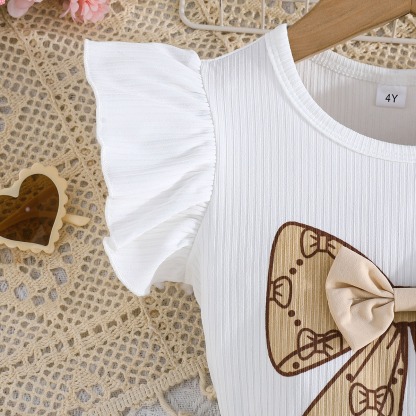 2pcs Toddler Girls Ruffle Sleeve Bow Blouse With Pleated Skirt