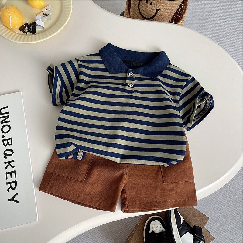 2pcs Toddler Boys Stripe Short Sleeve Shirt & Casual Shorts