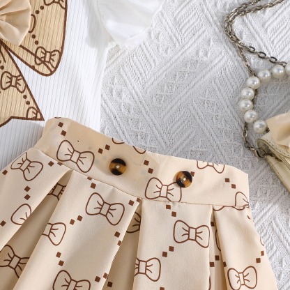 2pcs Toddler Girls Ruffle Sleeve Bow Blouse With Pleated Skirt