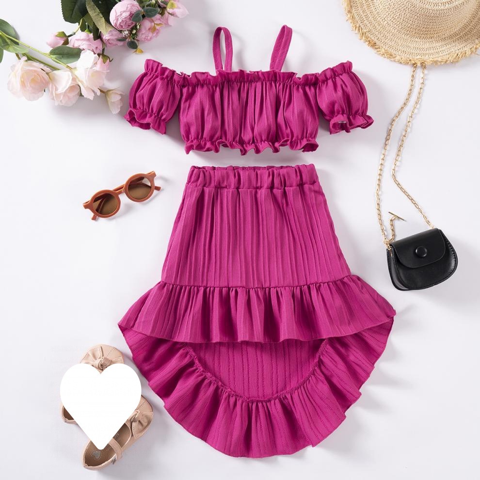 2pcs Toddler Girls Ruffle Puff Sleeve Top & High Waist Ruffle Hem Skirt