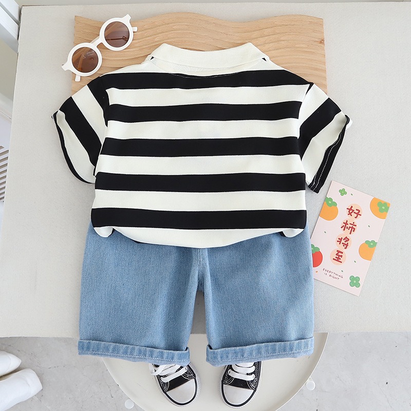 2pcs Toddler Boys Smiley Face Print Striped Polo + Distressed Denim Shorts