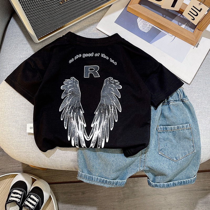 2pcs Toddler Boys Wing Print Short Sleeve Tee & Distressed Denim Shorts