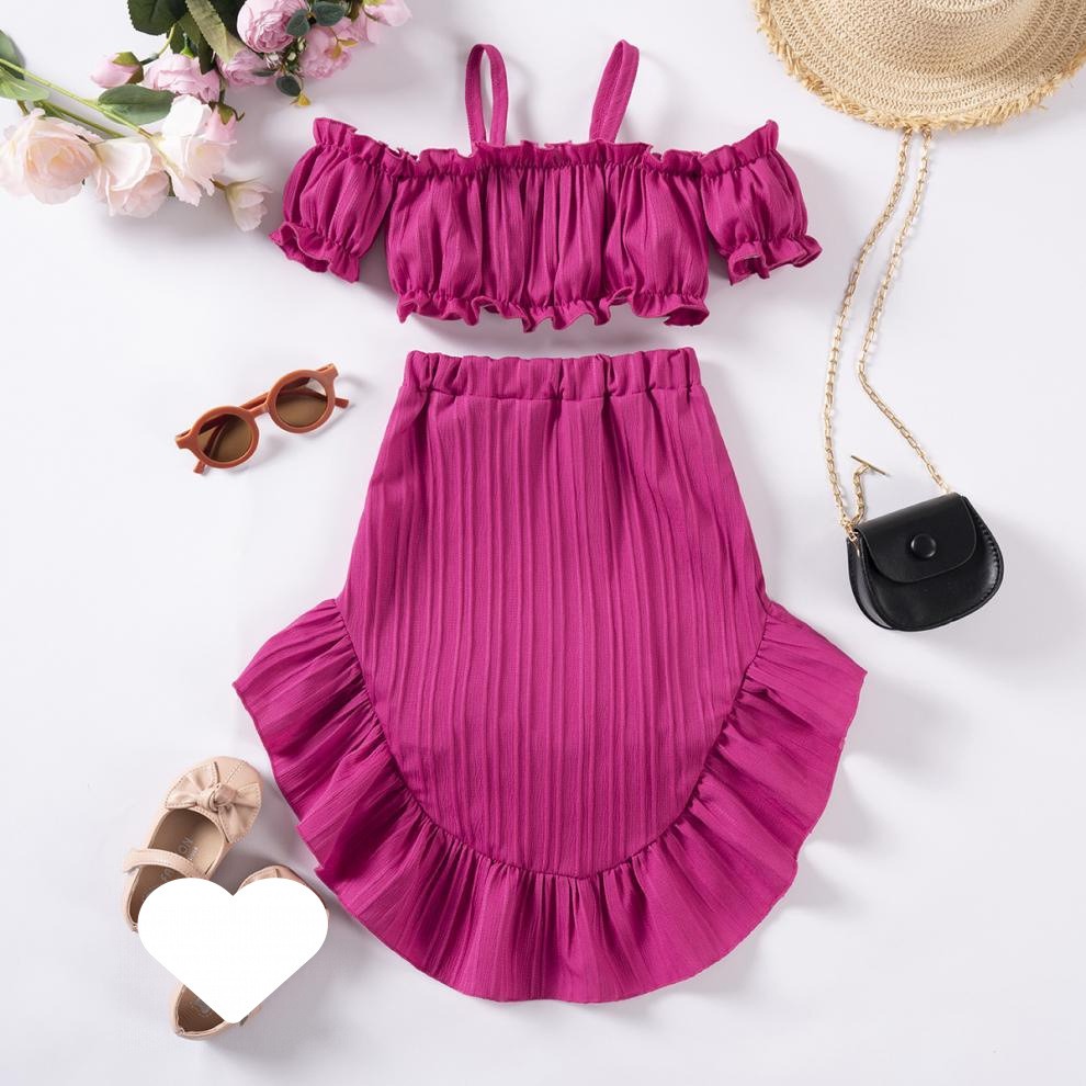 2pcs Toddler Girls Ruffle Puff Sleeve Top & High Waist Ruffle Hem Skirt