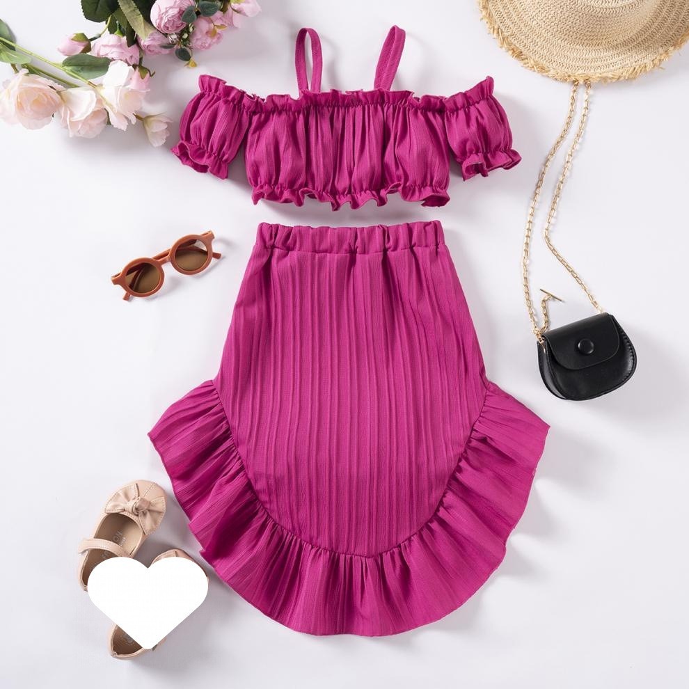 2pcs Toddler Girls Ruffle Puff Sleeve Top & High Waist Ruffle Hem Skirt