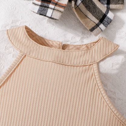 3pcs Baby Girl Halter Neck Tee & Plaid Skirt With Bow Headband