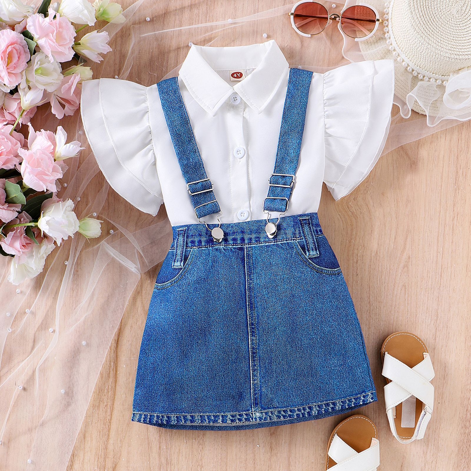 2pcs Toddler Girls Fashionable Playful White Blouse With Cap Sleeves And Figure-Flattering Mid-Wash Blue Denim Pinafore Dress