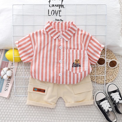 2pcs Toddler Boys Vertical Stripe Tee & Solid Color Shorts