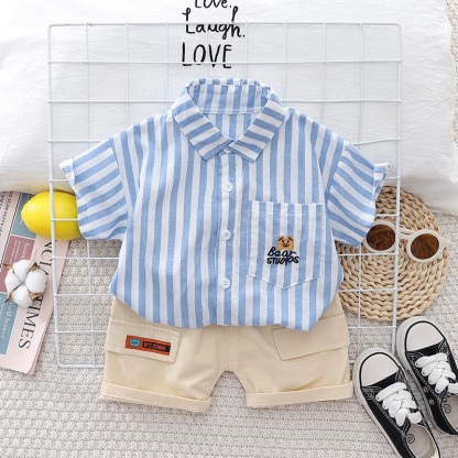 2pcs Toddler Boys Vertical Stripe Tee & Solid Color Shorts